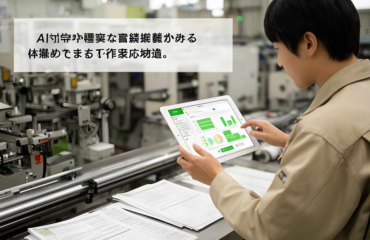 青森県の工場で、担当者が製造ラインの記録とタブレットの業務データを確認している様子
